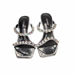 Nine West Aria Strapy Sandal with Gems Crystal Silver Heel Pump